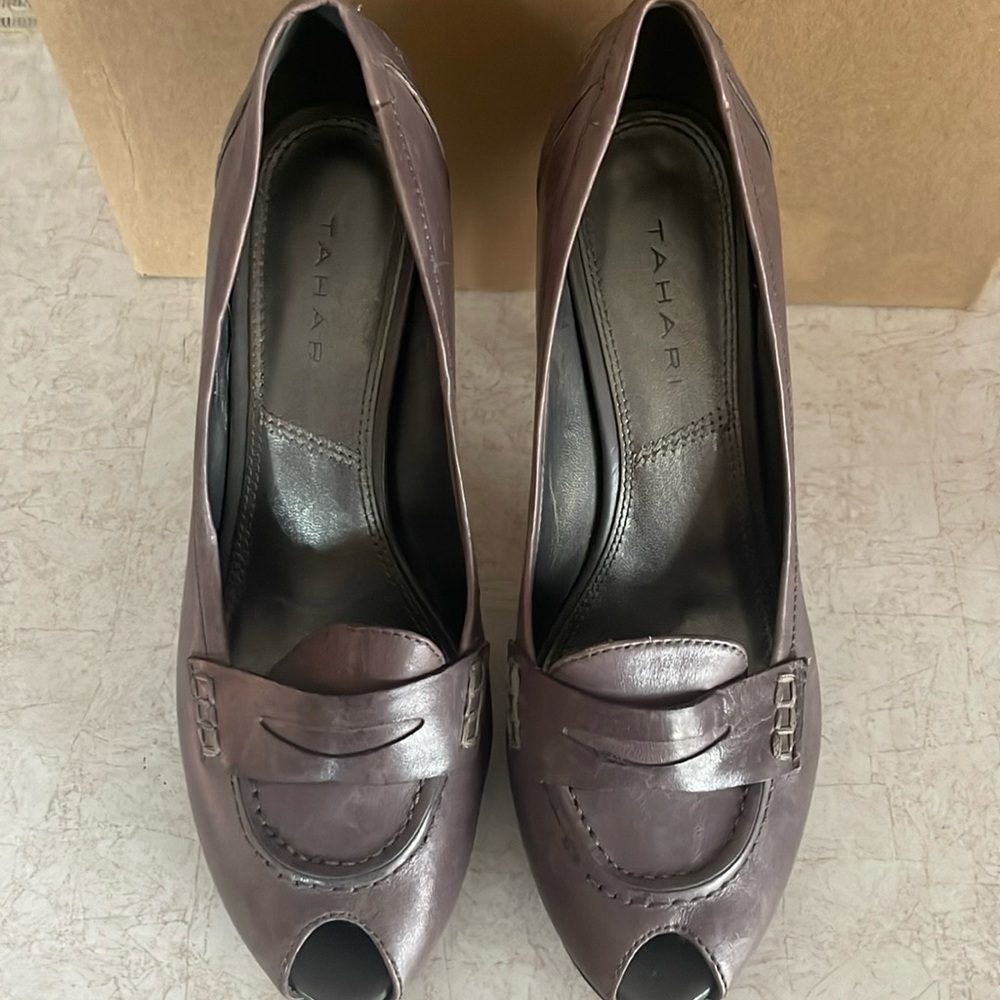 Tahari.  Grey open toe heels